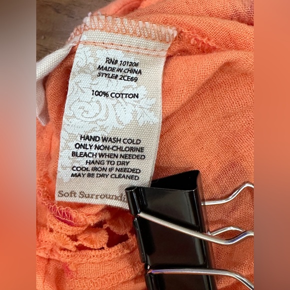 Soft Surroundings Floral Tunic  M Coral Peach Boho Crinkle Cotton Gauze 3/4 slv - Picture 10 of 10